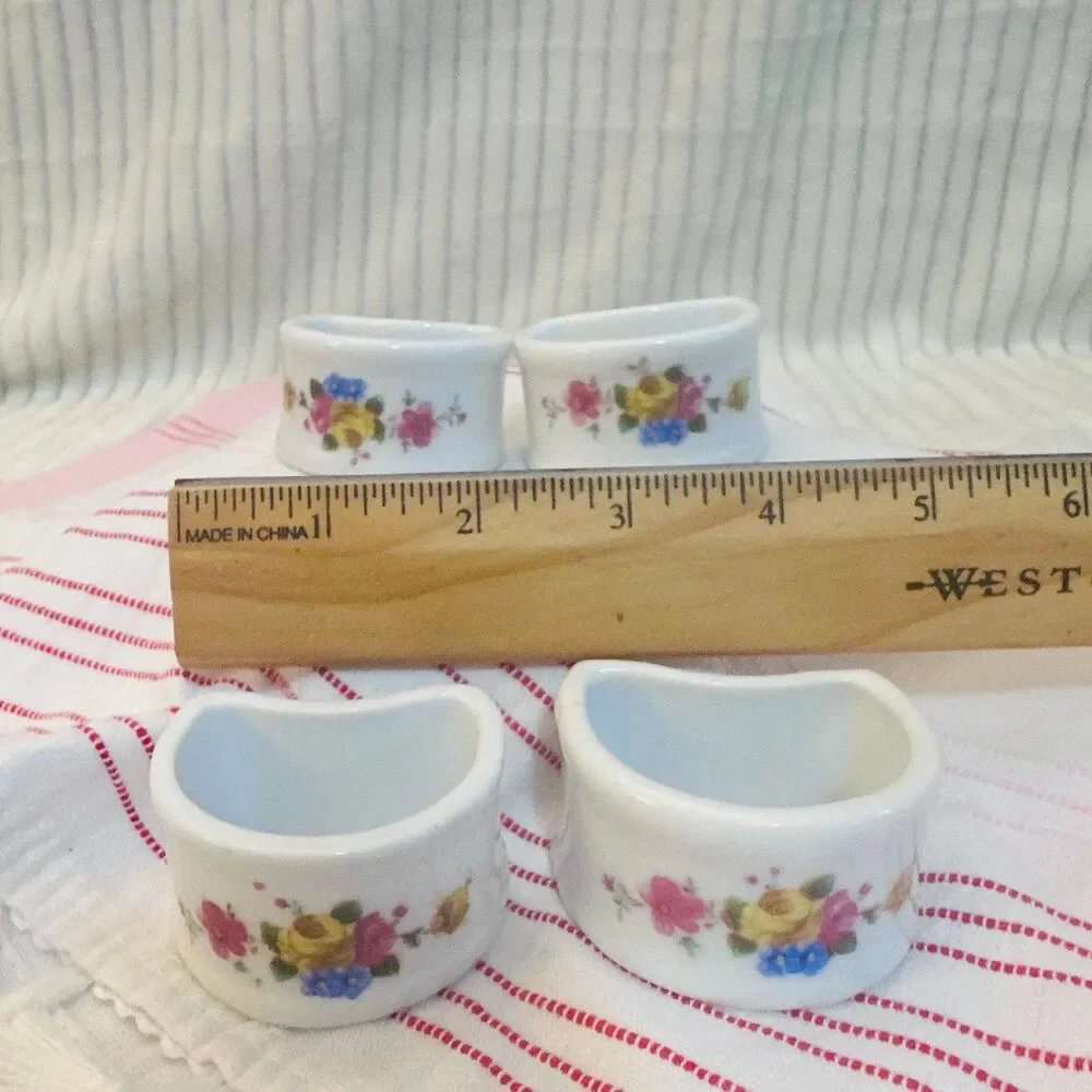Vintage Porcelain Napkin Rings Hand Painted Floral Design Set of 4